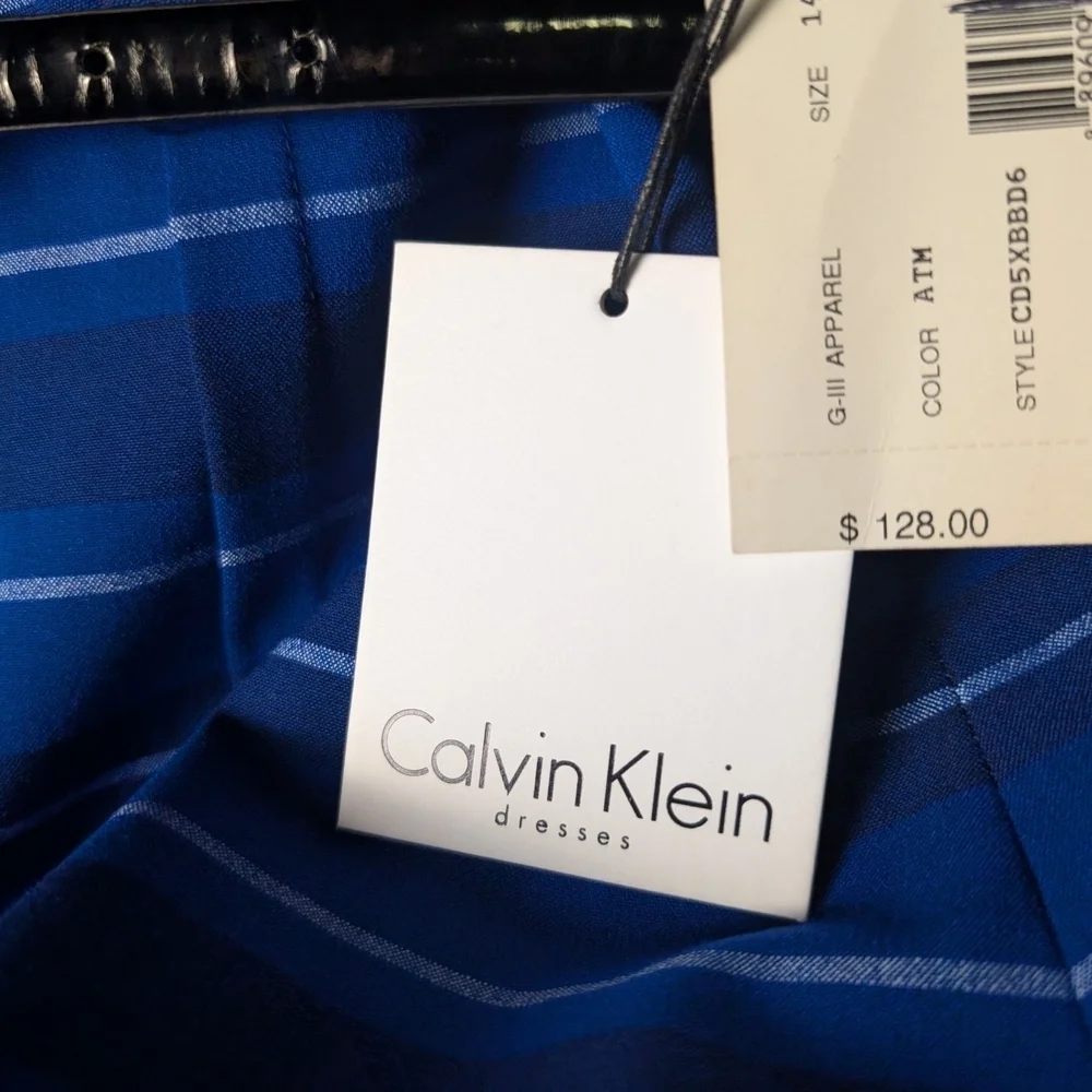 New Calvin Klein Blue White Striped Sleeveless Midi Dress Belt Business Class - Picture 11 of 11